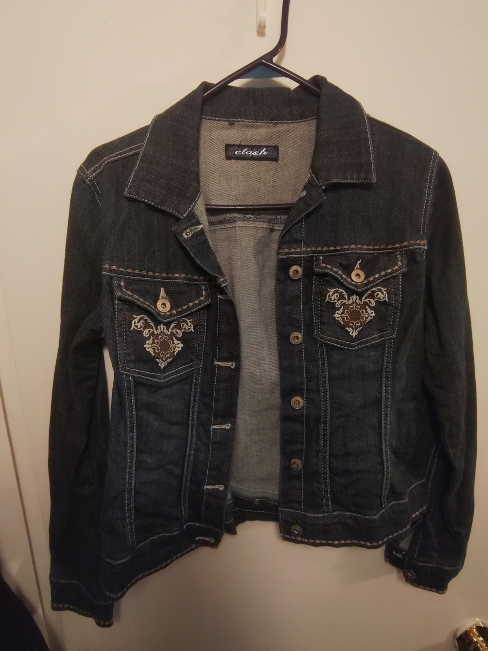 Clash Large Dark Wash Embroidered Denim Jacket